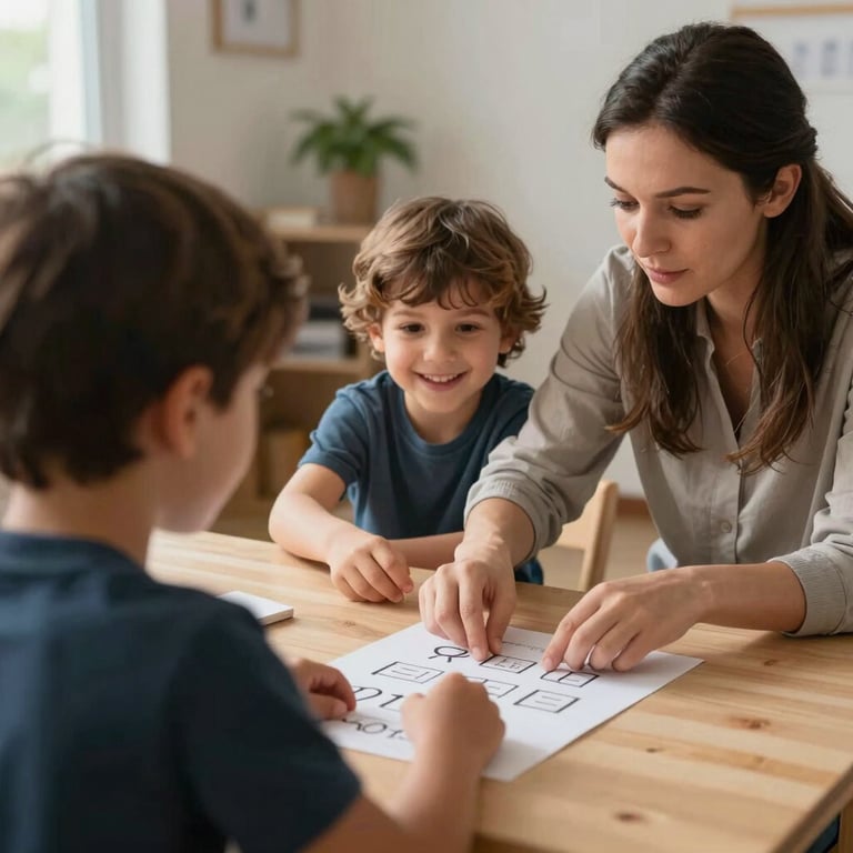 A child happily participating in a language therapy session with a focused therapist.