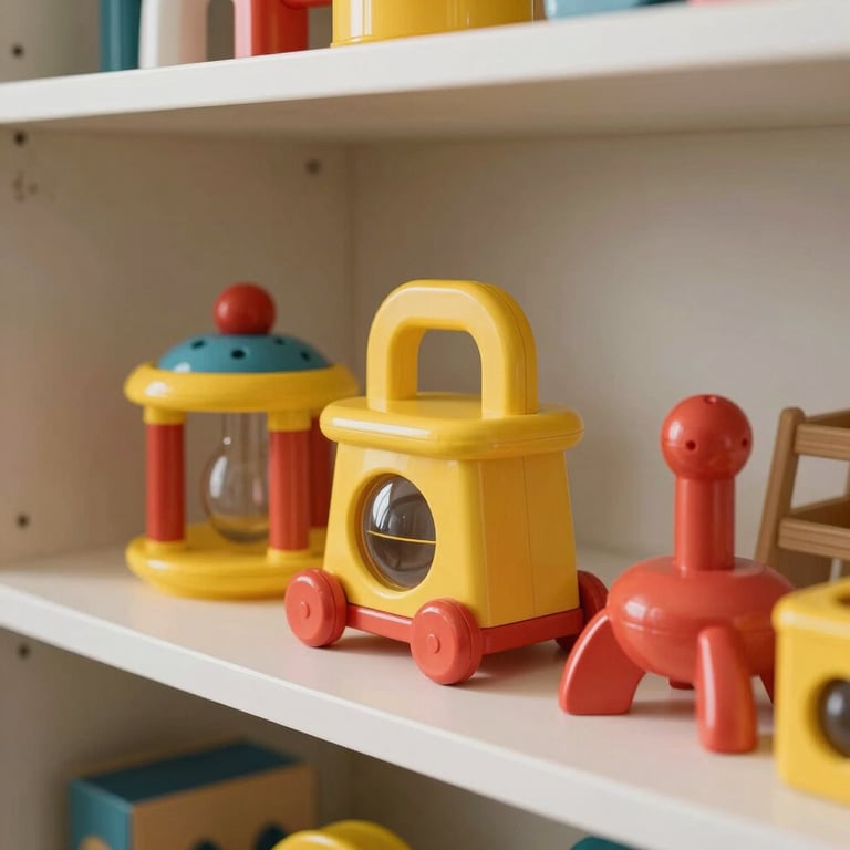 A collection of educational toys and sensory tools in sunshine yellow and coral red on a tidy shelf.