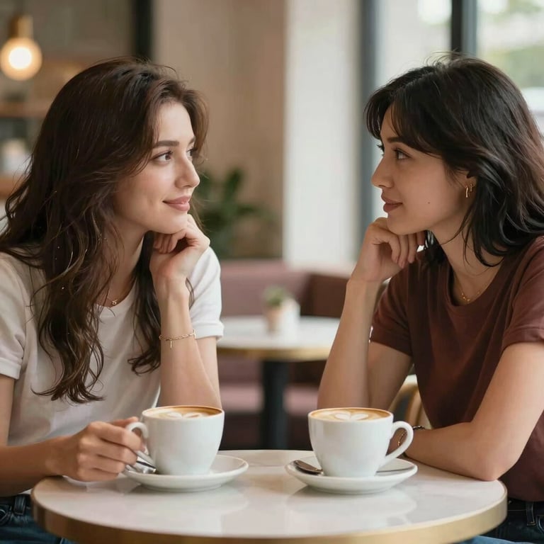 Two women engaged in a meaningful conversation over coffee in a stylish, feminine cafe setting.