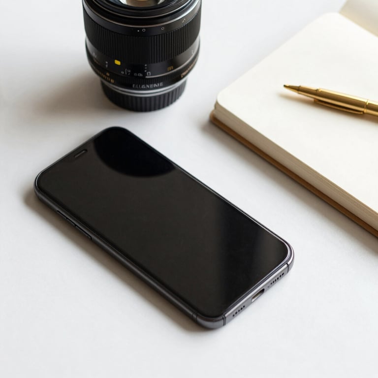 A flat lay of luxury business tools, including a smartphone, a designer notebook, and gold accessories.