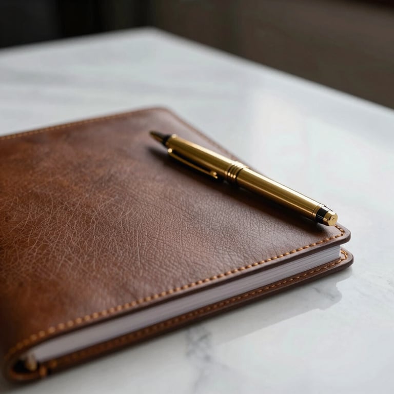 Close-up of a luxury leather-bound planner and a gold pen on a minimalist marble desk surface.