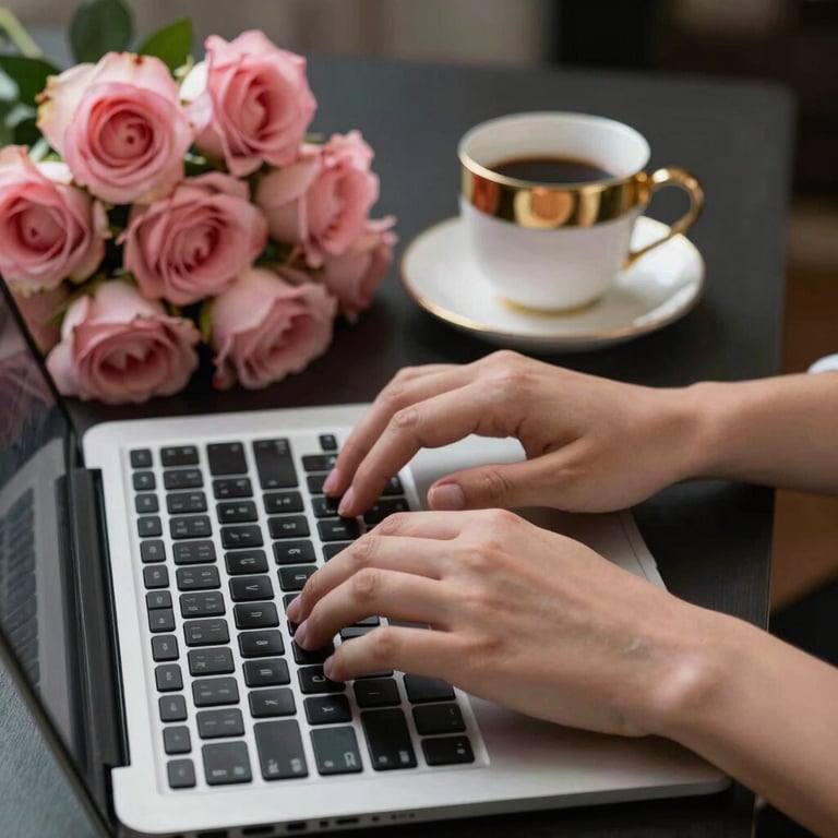 Detailed shot of hands typing on a laptop next to a bouquet of pink roses and a gold-rimmed cup.