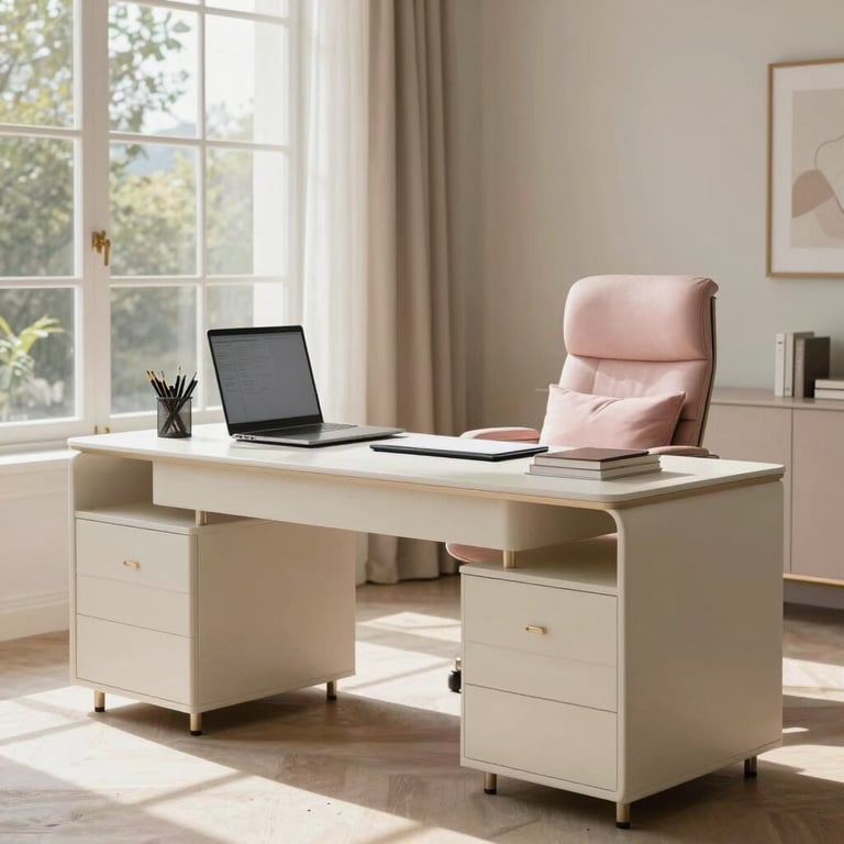 A high-end home office setup featuring cream furniture, soft pink cushions, and a large window with natural light.