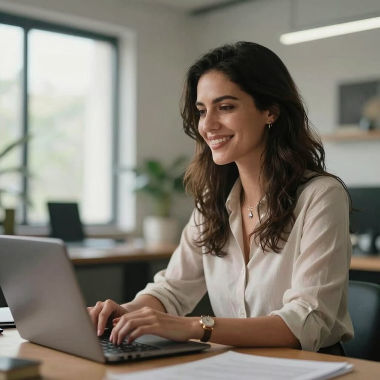 A serene and elegant woman smiling while working in a bright, high-ceilinged Iberoamerican workspace.