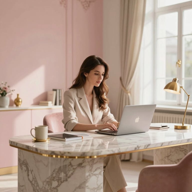 A group of elegant Iberoamerican women collaborating in a bright, modern studio with soft pink and cream decor.