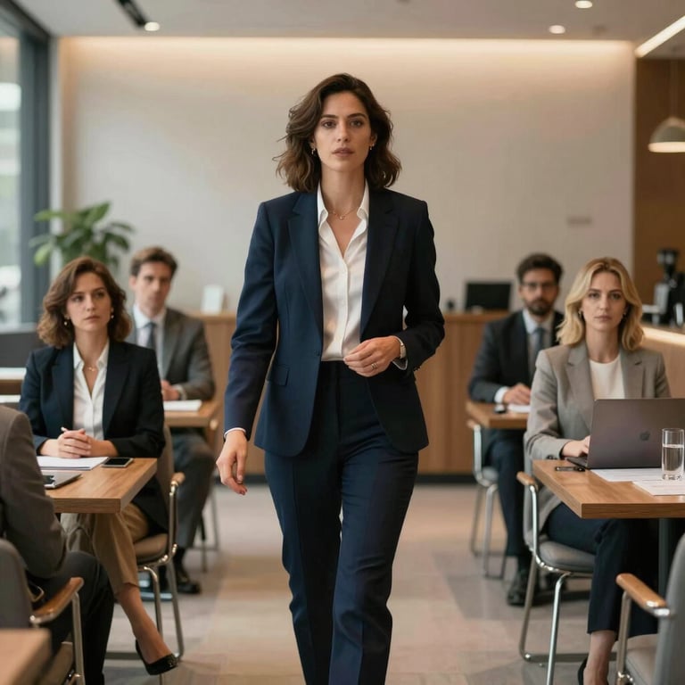 A woman in sophisticated attire leading a mentorship session in an upscale business lounge in Spain.