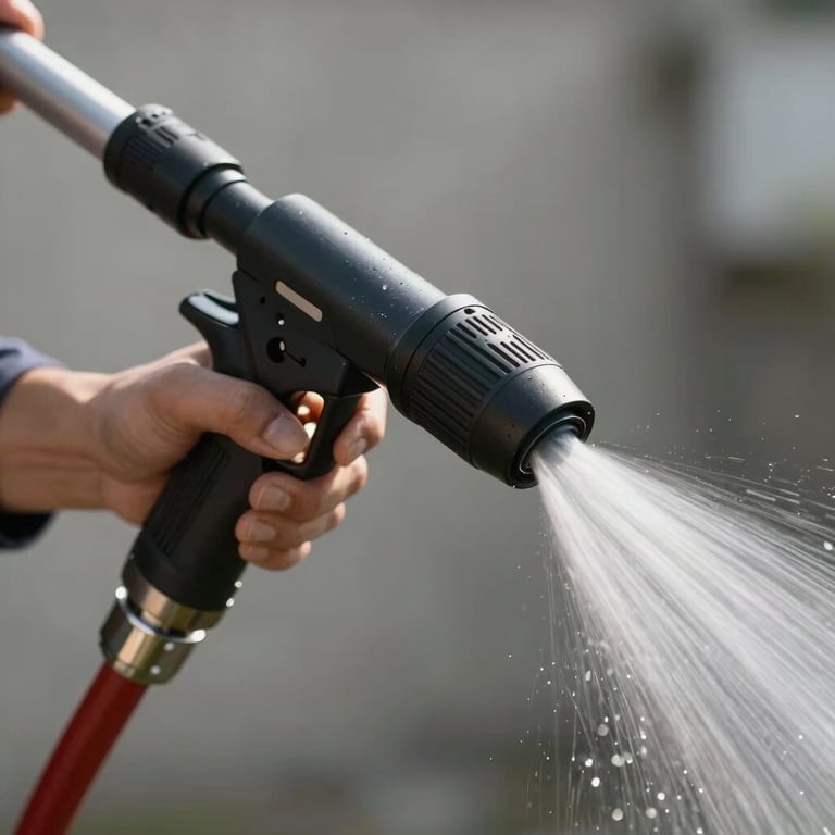 Close-up of a professional high-pressure cleaning nozzle with water spray in a clean environment.