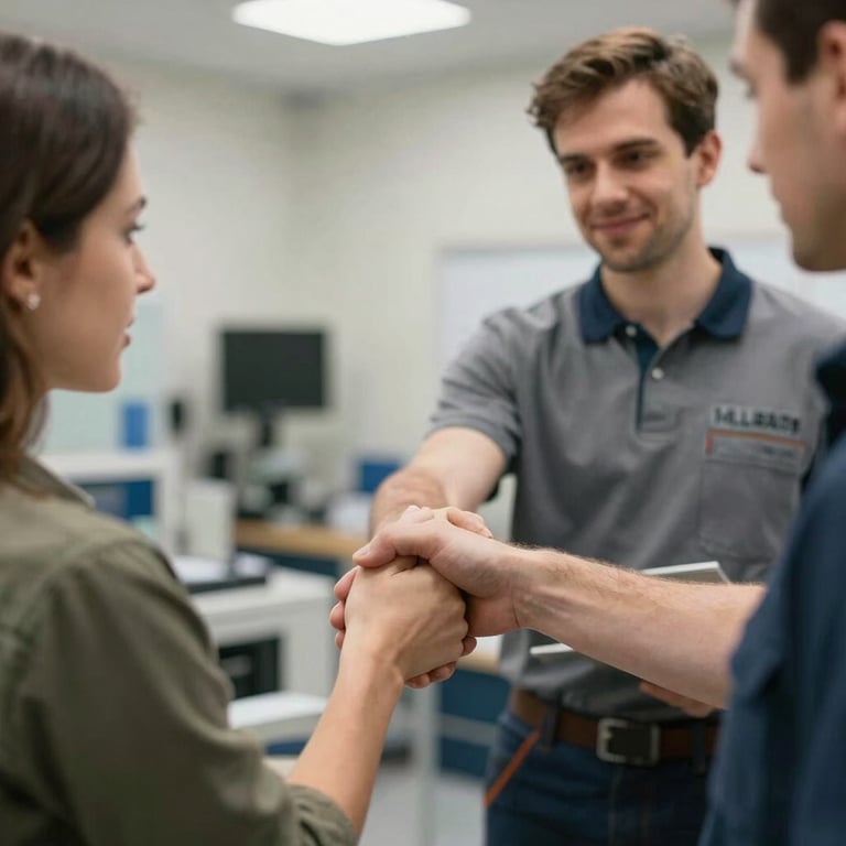 Handshake between a professional service technician and a customer in a Central European setting.