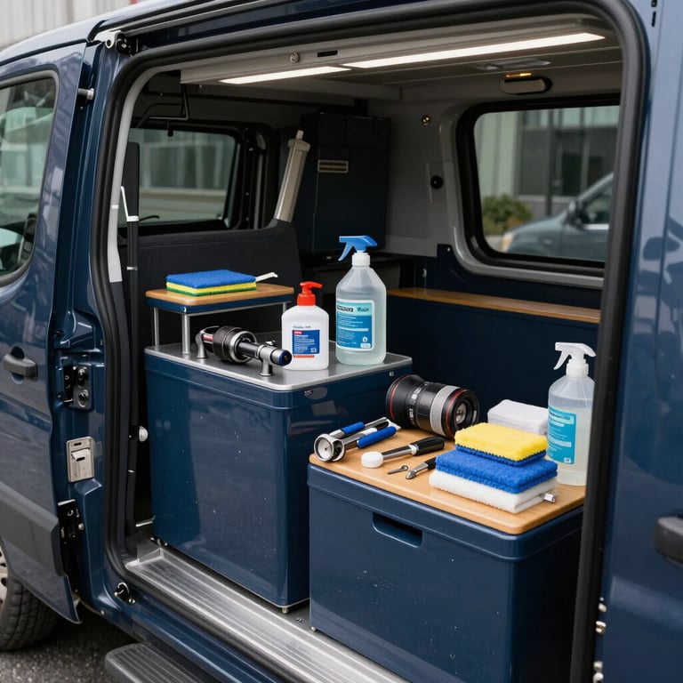 Organized specialized tools and cleaning equipment inside a professional dark blue service vehicle.