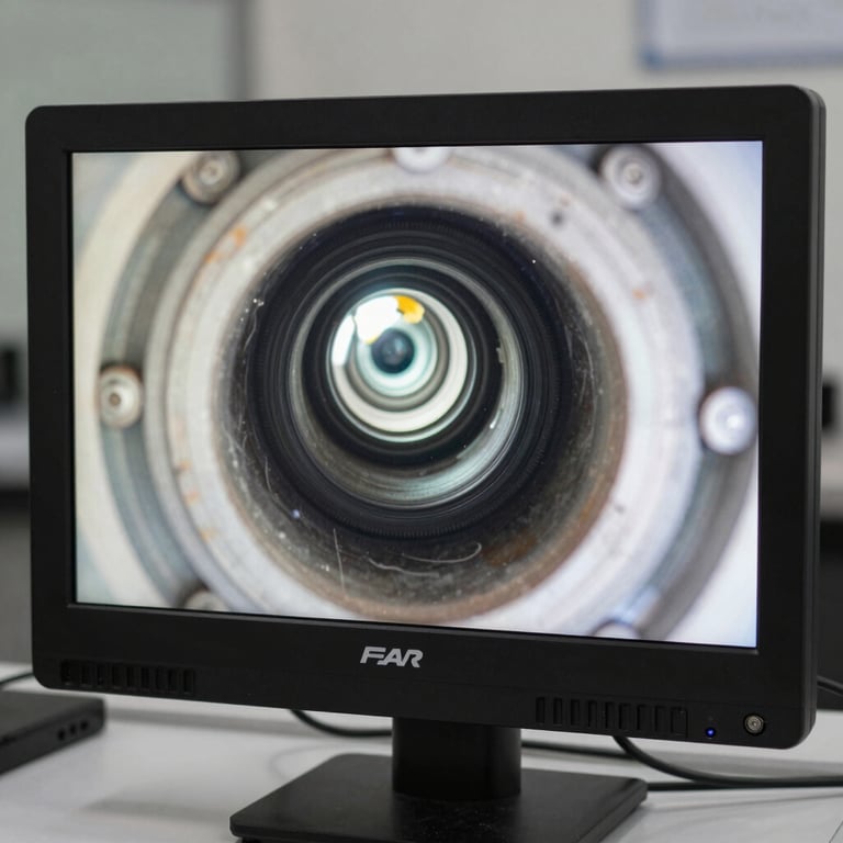 A digital monitor showing a sharp, clear camera inspection of a pipe interior during maintenance.
