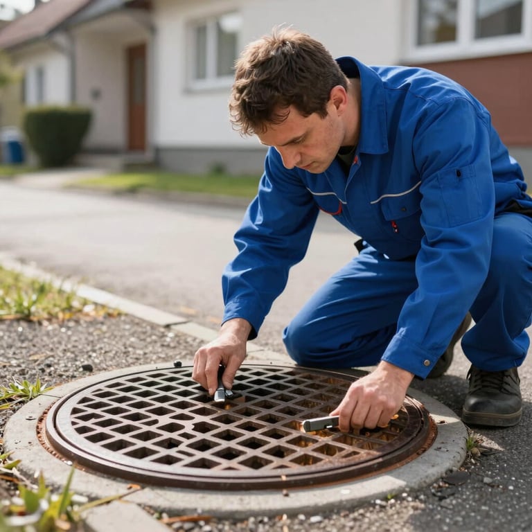 Professional technician in steel blue uniform inspecting a manhole cover in a residential German area.