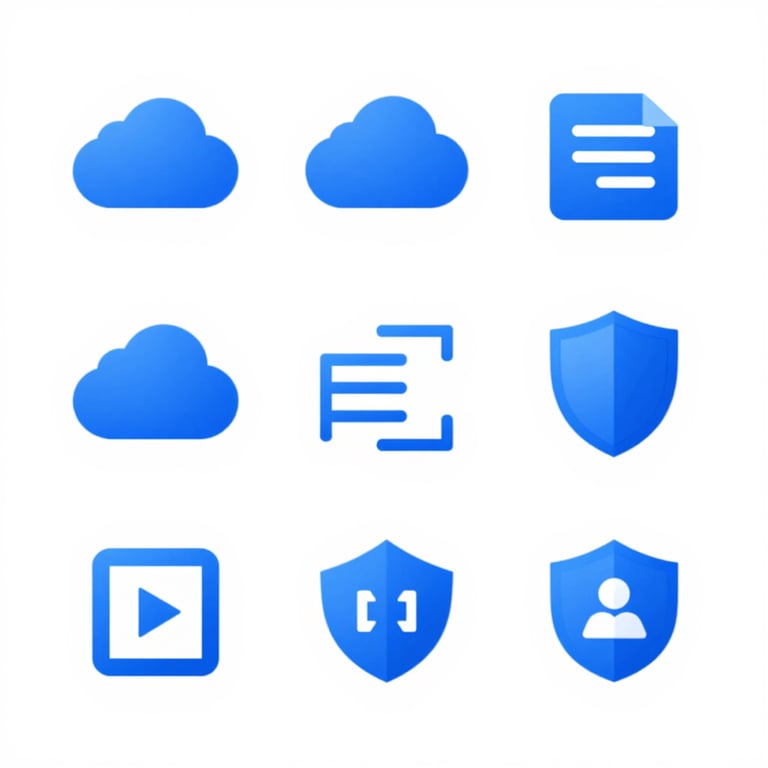 A grid of technological icons (cloud, code, shield) in a modern flat design style using the brand's blue palette.