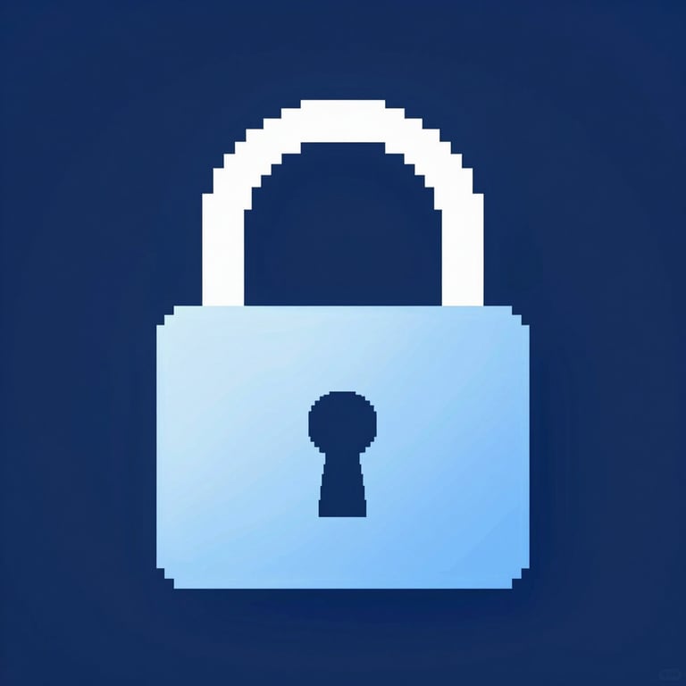 A close-up of a digital padlock icon made of light pixels, centered on a deep #0D1B2A blue background, representing digital security.