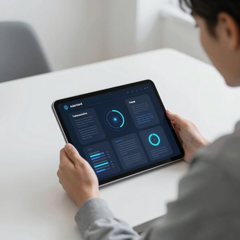 A minimalist office setting where a professional is looking at a tablet displaying tech trends, soft professional lighting.