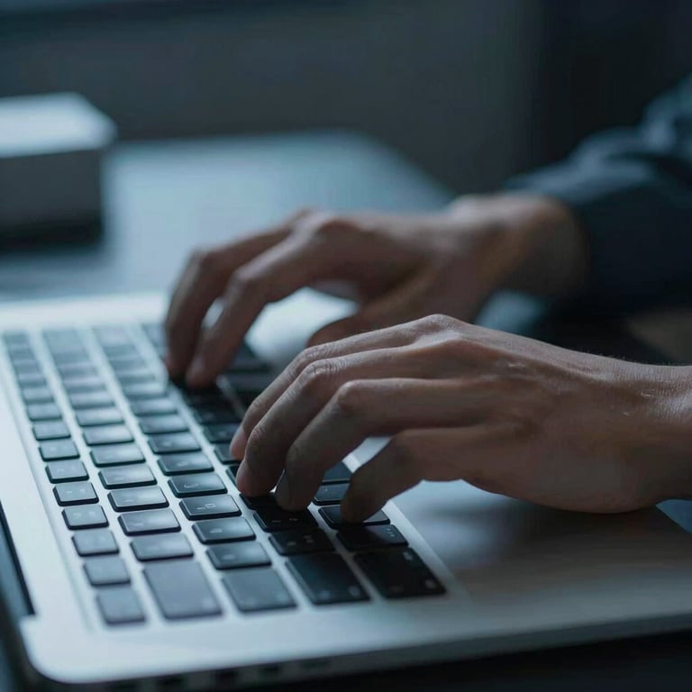A high-contrast photo of a person's hands typing on a keyboard, with a focus on precision and expertise, cool blue tones.