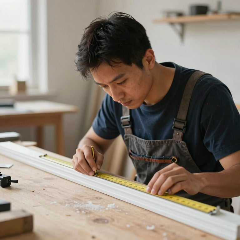 A craftsman precisely measuring a length of crown molding in a well-lit interior workspace.