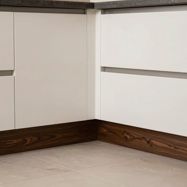 A clean and modern kitchen featuring newly installed dark wood baseboards against off-white walls.