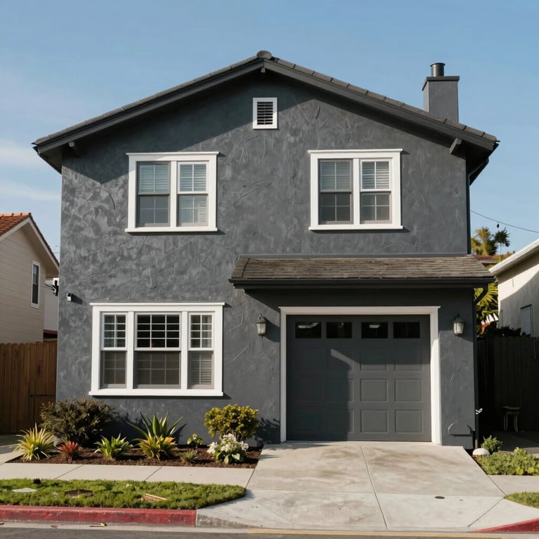 An exterior view of a freshly painted charcoal gray house in a sunny Los Angeles neighborhood.