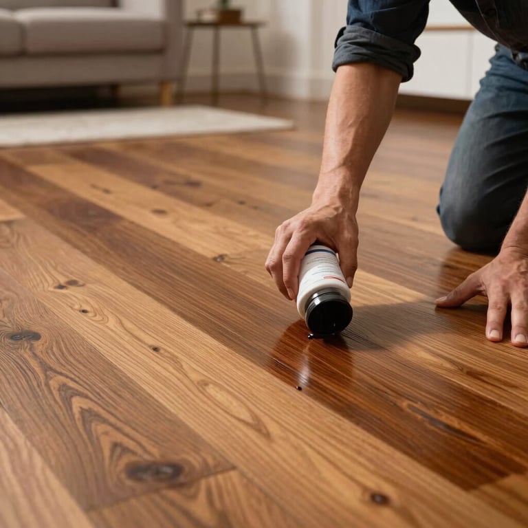 A professional applying a rich bronze-colored stain to a hardwood floor in a spacious living area.