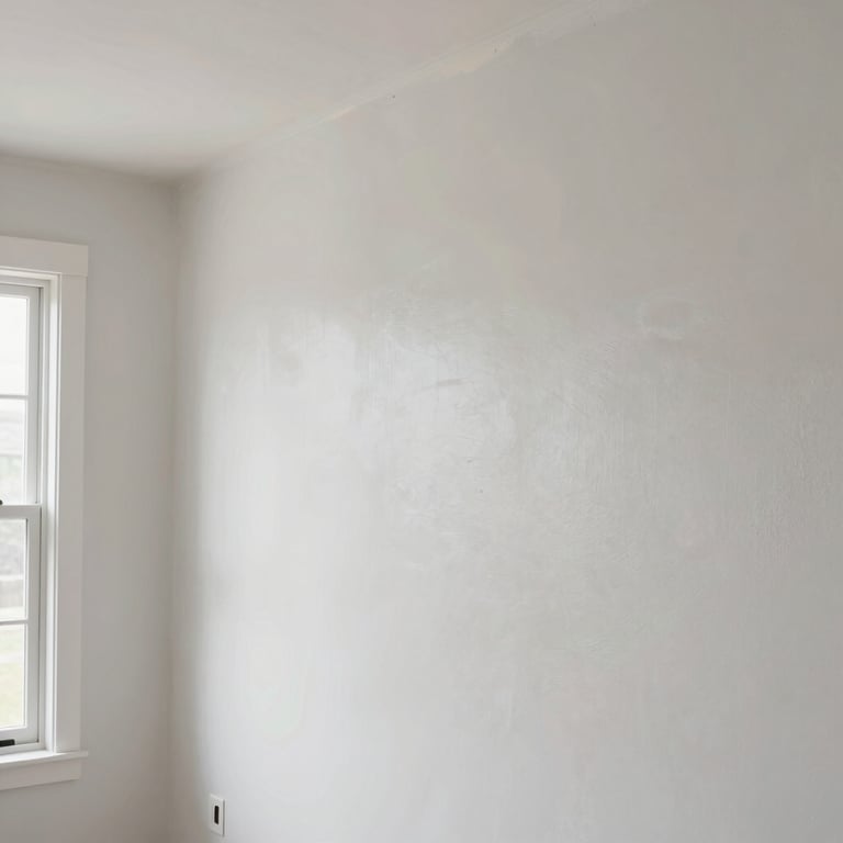 A detailed shot of a perfectly smooth drywall repair before painting in a bright North American home.