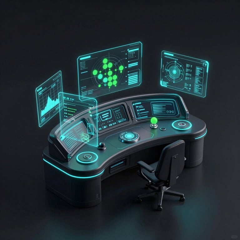 Sleek 3D render of a futuristic command center dashboard, glowing neon cyan and emerald nodes, floating holographic charts, dark high-contrast background, isometric perspective.