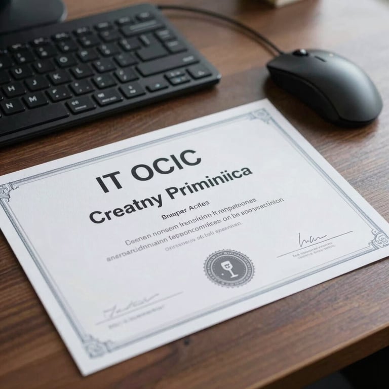 Detailed shot of a professional IT certificate lying on a desk next to a modern mouse and keyboard.