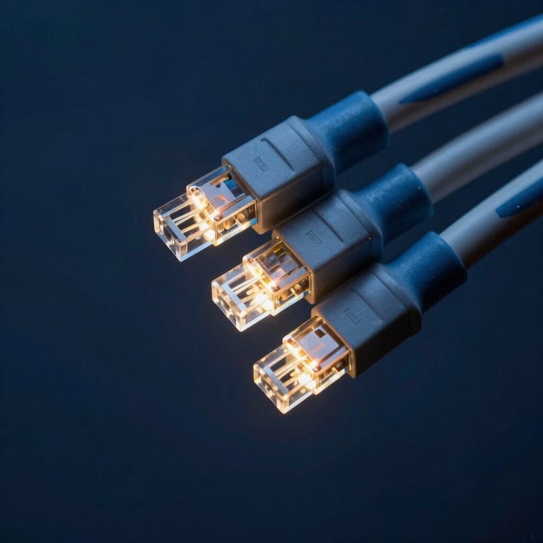 Close-up of fiber optic cables and glowing network lights in a Deep Navy and Steel Blue color palette.
