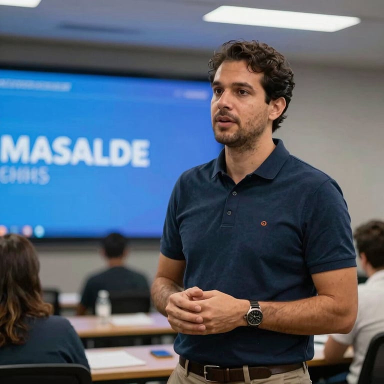 A Brazilian professional giving a presentation in a tech workshop, blurred background with blue lighting.
