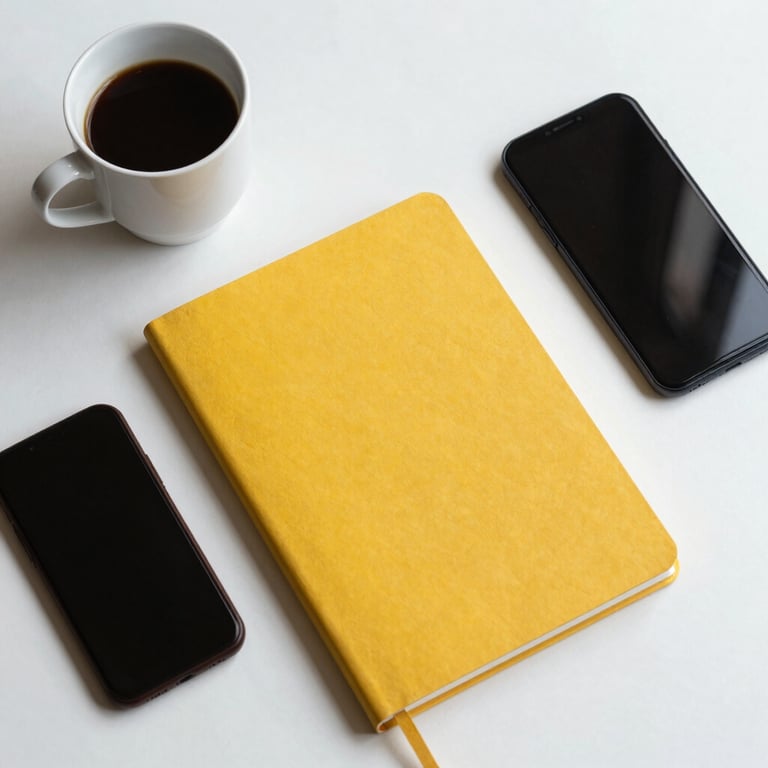 An overhead view of a clean workspace with a coffee cup, notebook, and smartphone in South American colors.