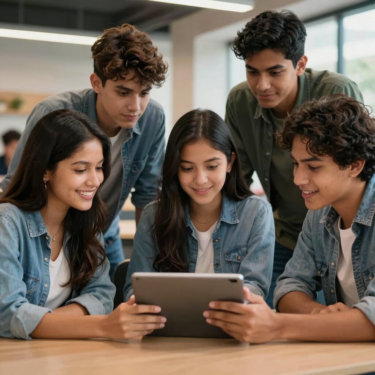 A group of diverse South American / Brazilian students collaborating around a tablet in a modern study lounge.