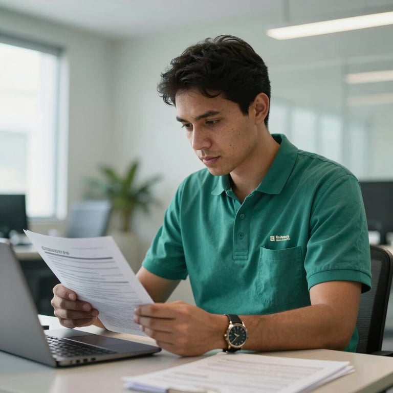 A technician examining land transport documents in a bright, modern Brazilian office with teal accents.