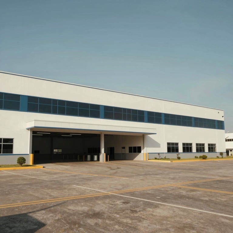 Exterior view of a contemporary logistics support center in Brazil under a clear blue-grey sky.