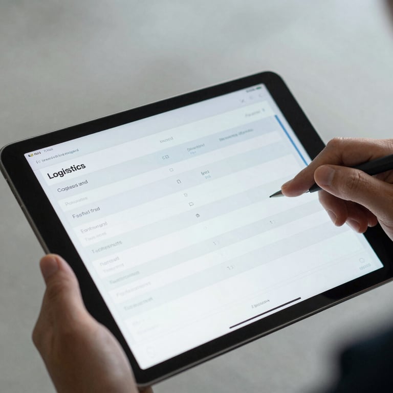 Close-up of a digital tablet showing logistics tracking data held by a professional in a mist-colored environment.