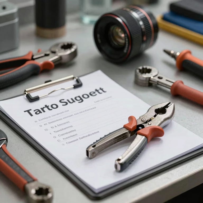Detailed shot of vehicle maintenance tools and a clipboard on a clean workbench for transport support.