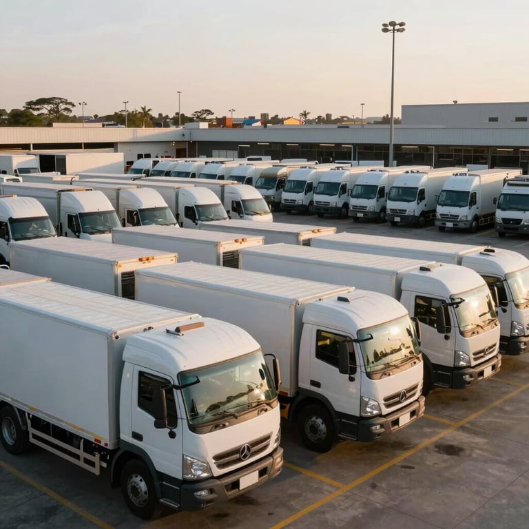 Rows of transport vehicles parked at a modern South American logistics terminal during golden hour.