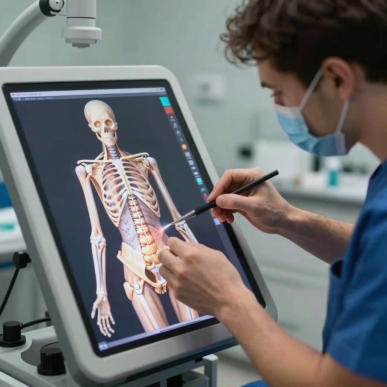 Detaylı postür analizi yapan bir fizyoterapist, üyenin omurga hizalamasını dijital ölçüm paneli önünde incelerken, steril klinik ortam.