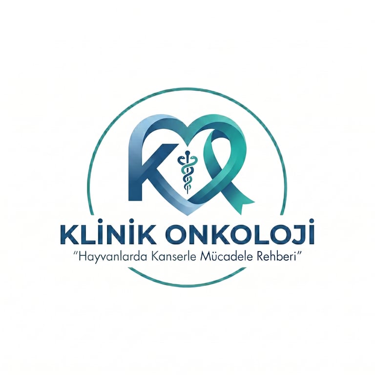 Klinik Onkoloji logo with a heart-shaped teal ribbon and medical caduceus symbol for veterinary cancer care.