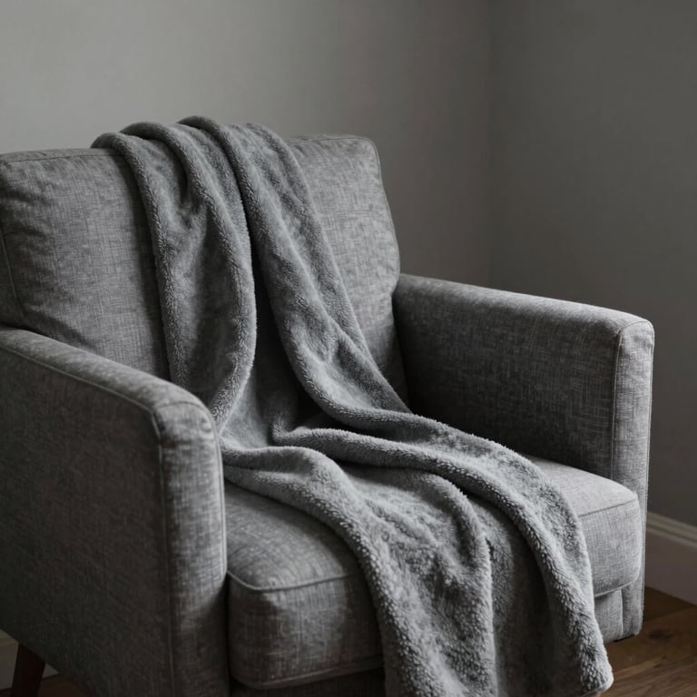 A cozy, minimalist therapy corner with a comfortable chair and a soft grey throw blanket over the arm.