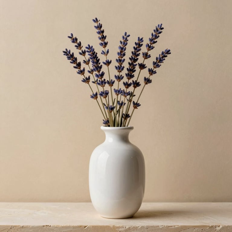 A simple white ceramic vase with dried lavender stalks placed on a shelf against a warm cream wall.