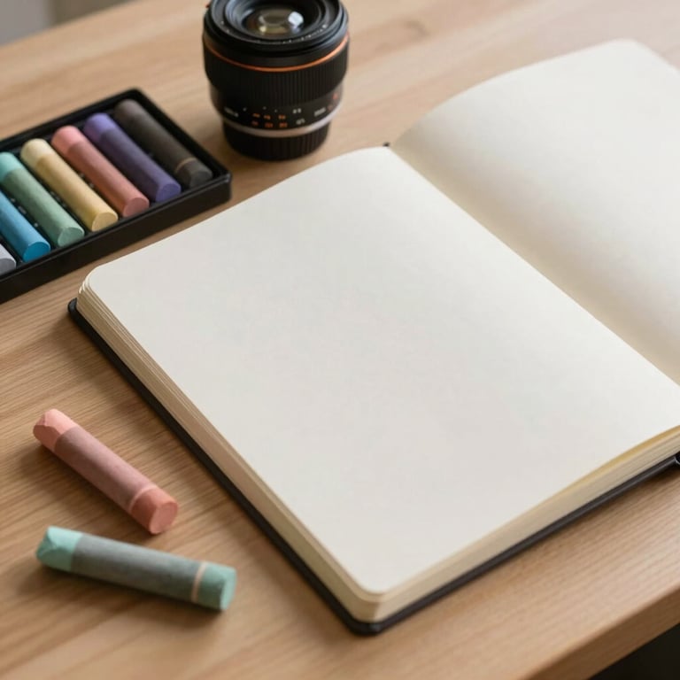 Art therapy supplies: a set of soft pastels and a blank sketchbook on a light oak table, soft morning light.