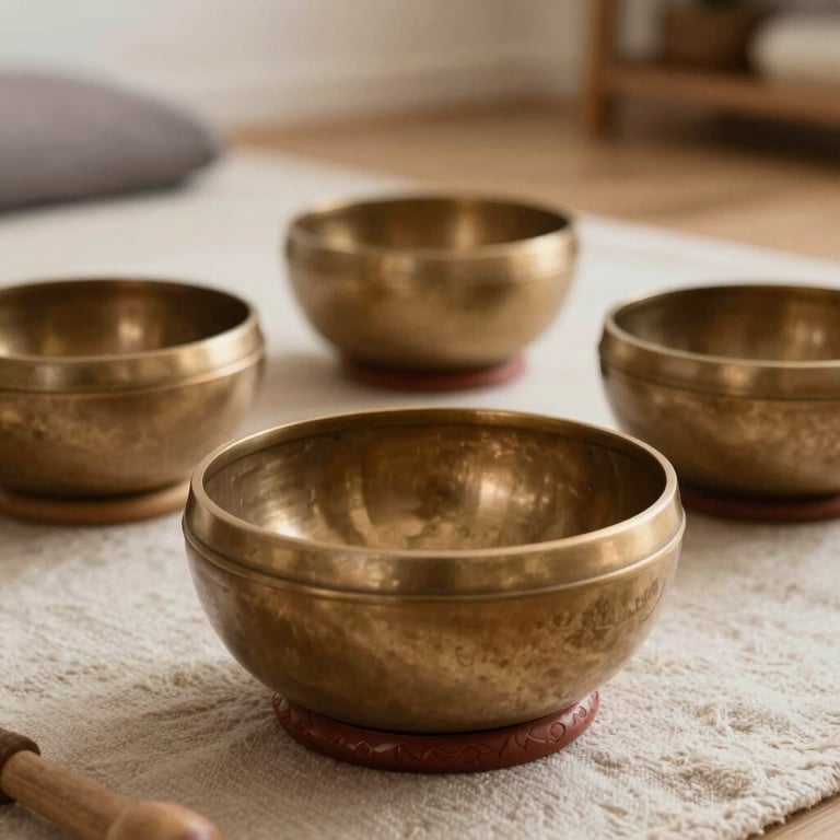 A close-up of brass Tibetan singing bowls placed on a soft neutral-colored textile in a calming French therapy room.