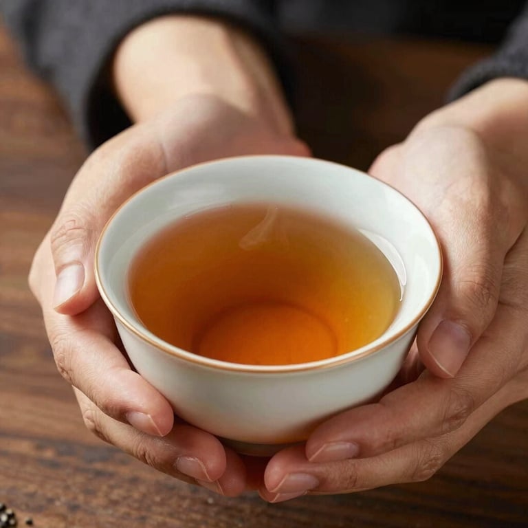 Hands holding a warm ceramic cup of herbal tea, suggesting comfort and a pause in time, soft focus.