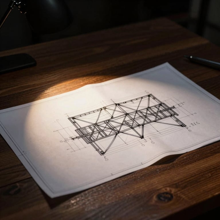 Abstract macro shot of architectural steel structural blueprints resting on a dark wooden desk under a single focused golden spotlight, deep shadows, high-contrast.