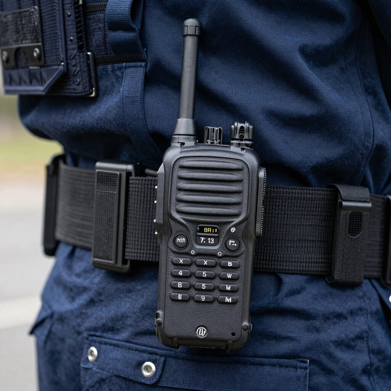 A detail shot of a handheld radio clipped to a professional tactical belt, Deep Navy Blue fabric, North American setting.
