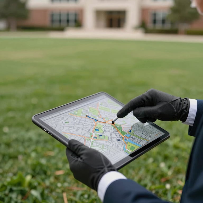 A faceless close-up of gloved hands reviewing a site map on a tablet on a perfectly manicured facility lawn in the US.