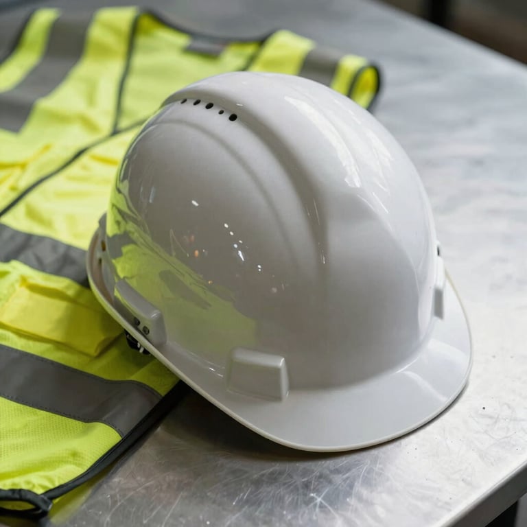 A faceless detail shot of safety equipment including a hard hat and high-visibility vest resting on a clean Silver metal surface.