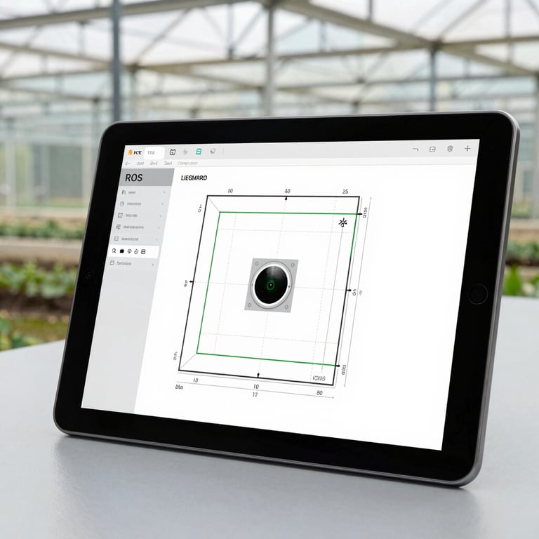 A sleek autonomous agricultural robot navigating through a greenhouse row.