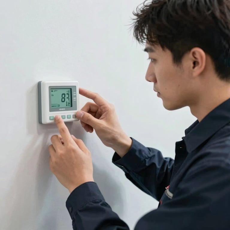 A technician in a dark navy uniform checking a digital thermostat on a soft ice white wall.