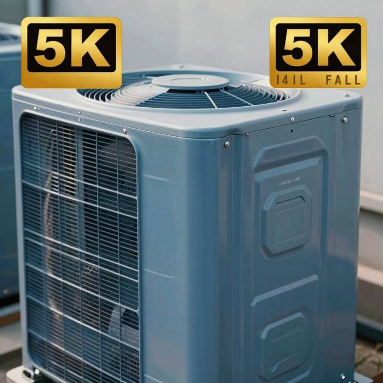 Close-up of a high-quality outdoor HVAC condenser unit with steel blue components.