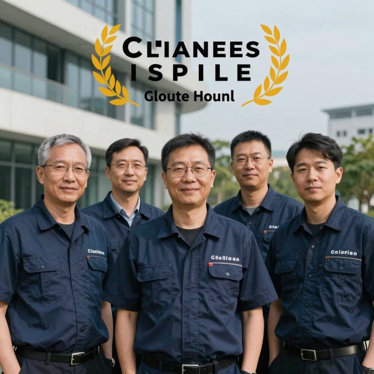 A group of professional climate control technicians posing together in front of a modern building.
